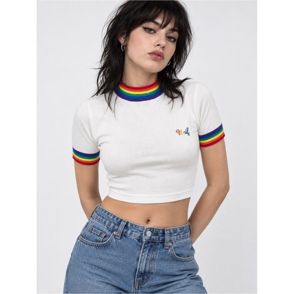 UNIF Rainbow Trim Cropped Tee Women’s Small White Embroidered Logo Y2K Festival